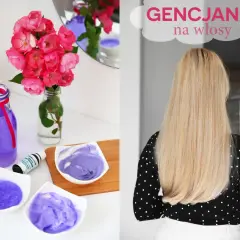 Fioletowe kosmetyki i bukiet róż. Na drugim planie blond włosy, które zyskają blask dzięki gencjanie na włosy.
