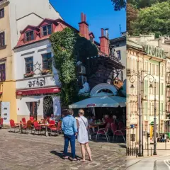 En reseguide till Krakow visar charmiga kaféer med uteserveringar och en spårvagn som passerar vackra byggnader.