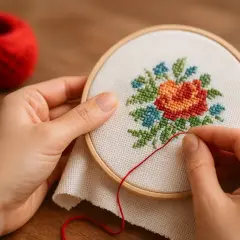 Mains tenant un tambour à broder, créant une **broderie sur textile** florale. Fil rouge et pelotes de laine à proximité.