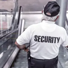 Pracownik ochrony w białej koszulce z napisem "SECURITY" stoi na ruchomych schodach, trzymając krótkofalówkę.