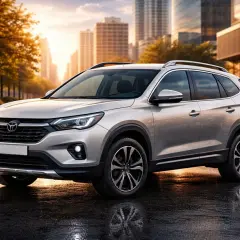 Un SUV argenté, le plus fiable, se gare sur une rue mouillée au coucher du soleil, reflétant les lumières de la ville.