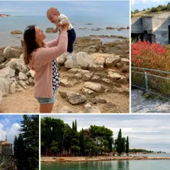 Chorwacja z niemowlakiem: mama z dzieckiem na plaży, przy skalnych klifach i nad morzem.
