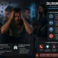 Mężczyzna w rozpaczy, z widmami i pająkami, symbolizujący delirium tremens. Obok informacje o fazach, leczeniu i pomocy.