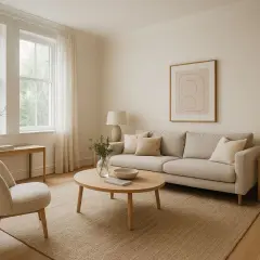 Salon lumineux et aéré, parfait pour un home staging maison. Canapé beige, table basse ronde en bois, fauteuil cosy et tableaux abstraits.