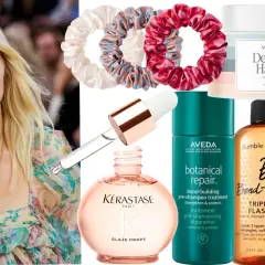 Modell med blont hår och hårvårdsprodukter som Kérastase Glaze Drops, Aveda Botanical Repair och Bumble and bumble. Bond-Building. Perfekt för torr topp.