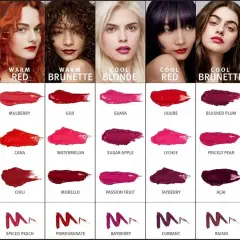 Test che rossetto mi sta bene: sei modelli con diversi colori di capelli mostrano campioni di rossetti, divisi per tonalità calda/fredda e colore di capelli.