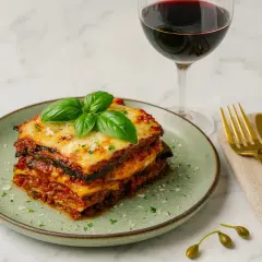 Ein Stück original Melanzane alla Parmigiana, garniert mit Basilikum, neben einem Glas Rotwein und goldenem Besteck.
