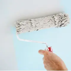 Main d'un peintre utilisant un rouleau pour appliquer une peinture bleu pâle sur un mur. Quel rouleau pour peinture velours !