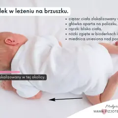 Nieprawidłowe leżenie na brzuchu niemowlaka: ciężar ciała wysoko, główka na policzku, nóżki zgięte. Miednica uniesiona.