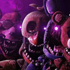 Przerażające animatroniki Freddy'ego, Chici i Foxy'ego z fnaf movie 2 z fioletowymi oczami.