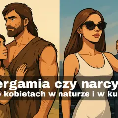Hipergamia co to? Obraz zestawia prehistoryczną parę z nowoczesną kobietą robiącą selfie, sugerując ewolucję zachowań.