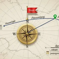 Kompas na mapie pokazuje, jak wyznaczyć azymut co to jest. Trasa od "Start" do "Norngerseg" z zaznaczonymi punktami.