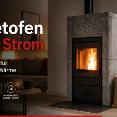 Moderner Pelletofen, der ohne Strom funktioniert. Ideal für unabhängige Wärme, auch bei Stromausfall. Holz und Pellets als Brennstoff.