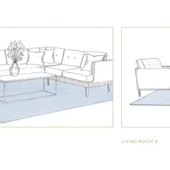 Wohnzimmer A zeigt eine Couch mit Couchtisch auf einem Teppich. Wohnzimmer B zeigt zwei Sessel, die Frage: Teppich unter Couchtisch ja oder nein?