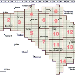 Mapa historyczna Galicji z zaznaczonymi regionami i miastami, m.in. Lwów, Tarnopol, Stanisławów.