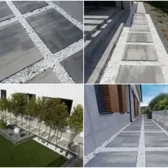 Nowoczesne ścieżki z płyt betonowych i białego żwiru wokół domu. Inspiracje na aranżację ogrodu i podjazdu.