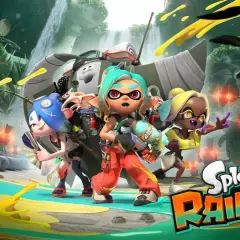Vier bunte Inklinge mit Waffen, bereit für den nächsten Nintendo Direct. Splatoon Raiders im Kampf.