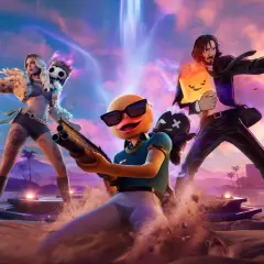 Charaktere aus Fortnite Season 3 kämpfen auf einer tropischen Insel. Ein Enten-Charakter mit Sonnenbrille und Schrotflinte ist im Vordergrund.