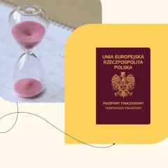 Klepsydra i polski paszport tymczasowy na tle kalendarza.