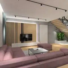 Nowoczesny salon z różową kanapą, stolikiem kawowym i schodami. Nad telewizorem zamontowano dyskretne lampy, które podkreślają jego centralne położenie.