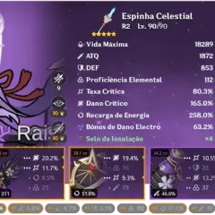 Raiden Shogun z bronią "Niebiański Kłuj" (Espinha Celestial), jej statystyki i artefakty.