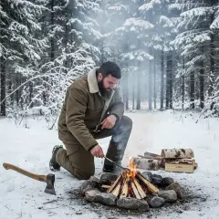 Mężczyzna z brodą rozpala ognisko w zimowym lesie. Wokół śnieg, stosy drewna i siekiera.