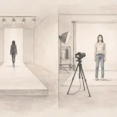 Ilustracja przedstawia scenę z wybiegu i sesji zdjęciowej z modelką.