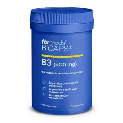 Niebieski suplement diety Formeds BICAPS B3 (500 mg) wspiera układ nerwowy. Witamina PP w kapsułkach pullulanowych, bez zbędnych dodatków.