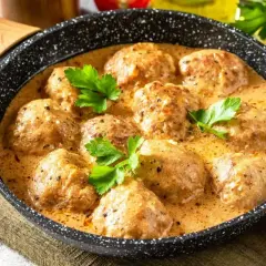 Pulpeciki w kremowym sosie, udekorowane natką pietruszki, gotowe do podania. Pyszny sos do pulpetów kusi aromatem.
