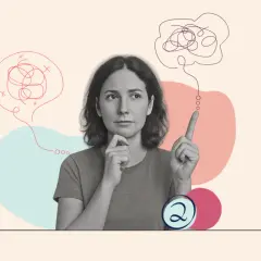 Kobieta zamyślona, z chaotycznymi myślami w chmurkach nad głową. Zastanawia się, lamotrix na co może pomóc w uporządkowaniu tych myśli.