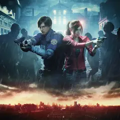 Leon i Claire walczą z hordą zombie w deszczową noc. To mroczna scena z Resident Evil seria.