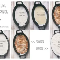 Kroki do przygotowania lasagne bolognese: warstwy beszamelu, makaronu, sosu bolońskiego i parmezanu. Powtórz i zapiecz.