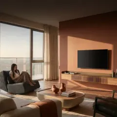 Gemütliches Wohnzimmer mit warmen Erdtönen. Die Wandfarbe und die Dekorationen wie Vasen und Decken mischen sich harmonisch in Braun.