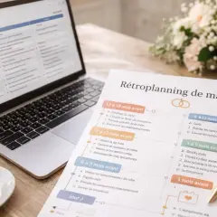 Un rétroplanning de mariage sur papier, à côté d'un ordinateur portable et d'une tasse de café.
