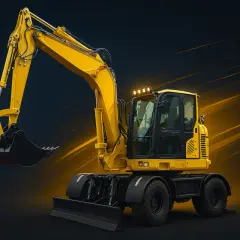 Żółta koparka kołowa Komatsu z podniesionym ramieniem i łyżką, gotowa do pracy.