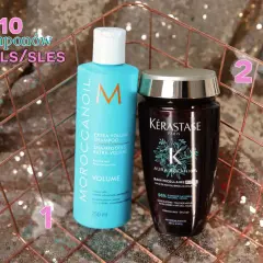 Dwa szampony bez silikonów: Moroccanoil Volume i Kérastase Aura Botanica. Idealne dla włosów potrzebujących delikatnej pielęgnacji.