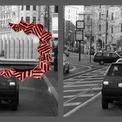 Zwei identische Straßenszenen mit Autos, die durch eine zackige, farbige visuelle Aura getrennt sind.