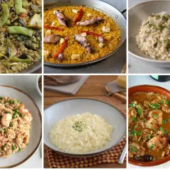 Variedad de recetas de arroz: paella, risotto cremoso, arroz frito con gambas y más.