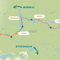 Karta över en vandringsled i Vindelfjällen, med platser som Hemavan, Viterskålet, Syter, Tärnasjö, Serve, Aigert och Ammarnäs. Perfekt för att planera din vandring på Kungsleden.