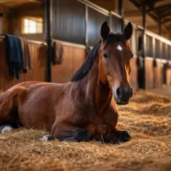 Brązowy koń odpoczywa na słomie w stajni. To jego zasłużona przerwa dla koni po treningu.