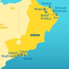Mapa pokazuje, gdzie leży Oman, z zaznaczonymi miastami: Maskat, Nizwa, Sur, Salalah i innymi.