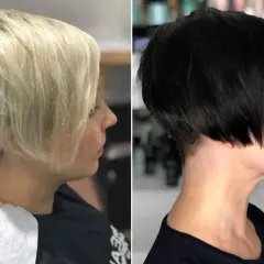 Zwei Damen mit modernen kurzhaarfrisuren: eine mit blondem, die andere mit schwarzem Haar.