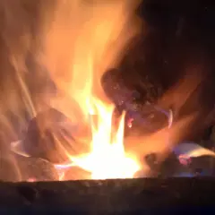 Jasne płomienie tańczą wokół żarzących się brykietów ze słomy, tworząc ciepłą, przytulną atmosferę.