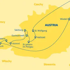 Mapa Austrii z zaznaczonymi miastami: Innsbruck, Wattens, Eisriesenwelt, Salzburg, Krimml, St. Johann im Pongau, St. Wolfgang, Hallstatt, Wiedeń. Trasa 43 kierunkowy jaki kraj.