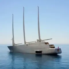La maestosa yacht di Andrey Melnichenko, A, solca le acque calme con le sue tre imponenti vele.