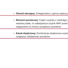 Schemat przepływomierza powietrza MAF: obwód sterujący, element pomiarowy z drutu platynowego i kanał obejściowy. P0102.
