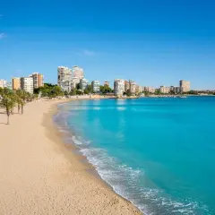Playa de Oropesa del Mar con edificios y palmeras. Imagina tomar el tren Madrid Oropesa del Mar para llegar a este paraíso.