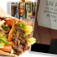Kebab w picie, obrotowe mięso, paragon i mężczyzna w okularach.