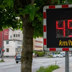 Digitale Geschwindigkeitsanzeige zeigt 49 km/h. Wer mit 70 in 50-Zone geblitzt wird, muss mit Strafe rechnen, auch mit Toleranz.