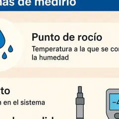 Icono de gotas de agua y texto sobre el punto de rocío, la temperatura a la que el aire condensado se vuelve visible.